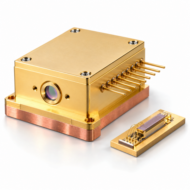 Gold-plated DPSS laser module on copper base next to a laser diode bar on submount
