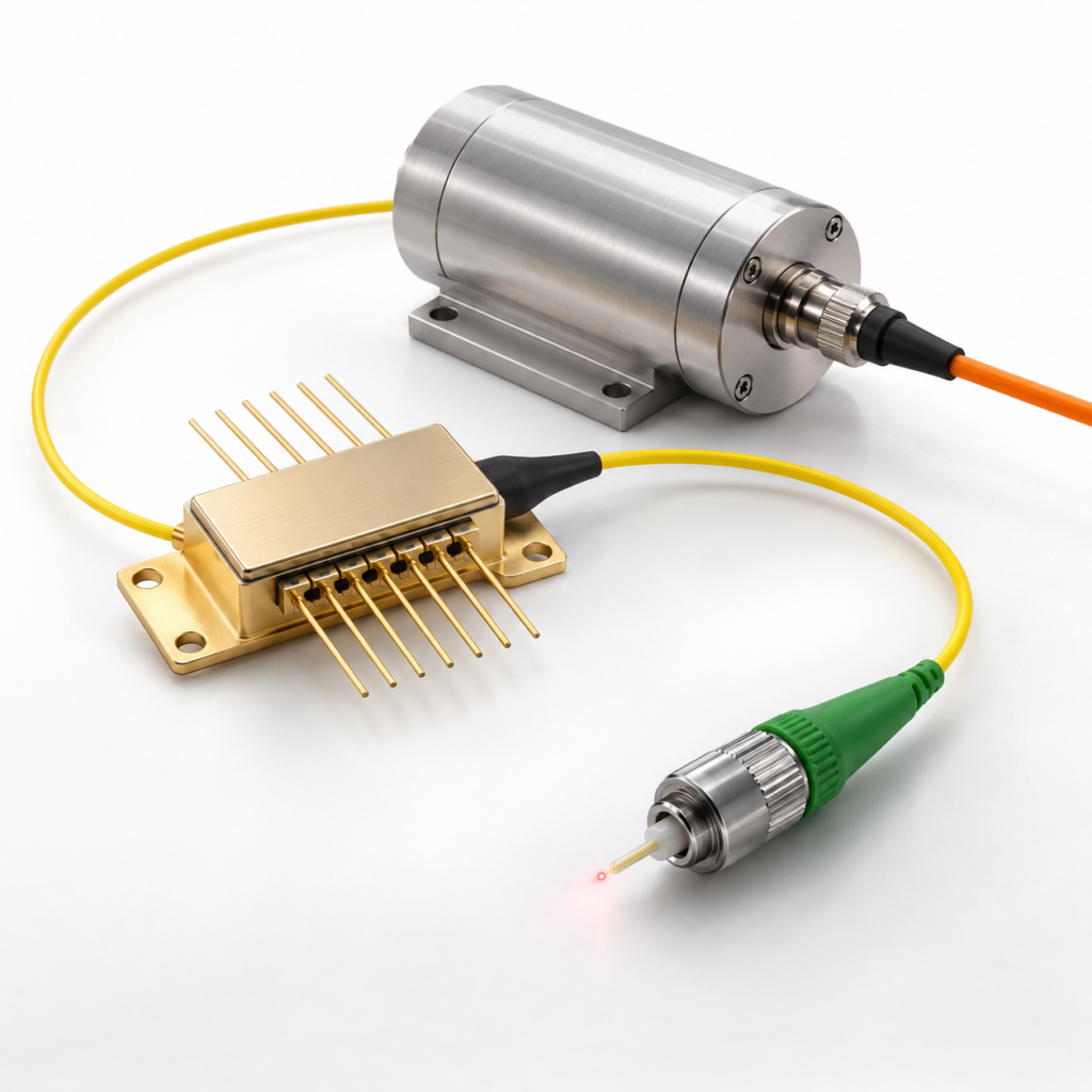 Fiber-coupled butterfly laser diode and cylindrical fiber laser module with FC/APC connector