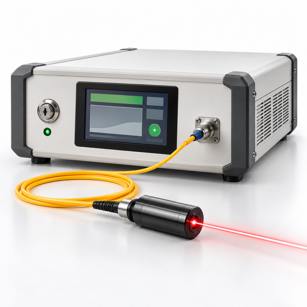 Benchtop laser driver with touchscreen and a fiber-coupled laser head emitting a red beam