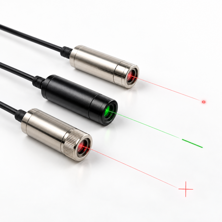 Three compact laser modules projecting a red dot, a green line and a red cross