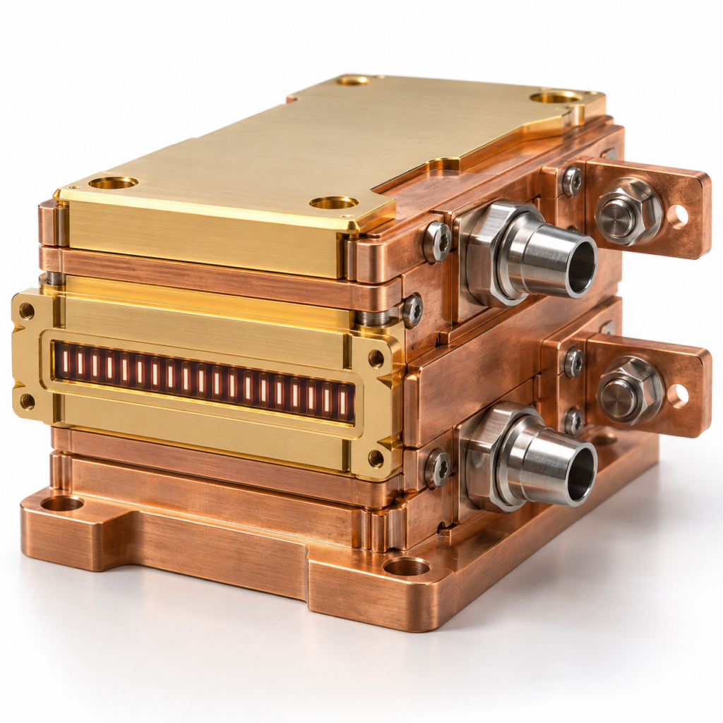 Water-cooled laser diode bar stack with copper heat sink and gold-plated emitter array