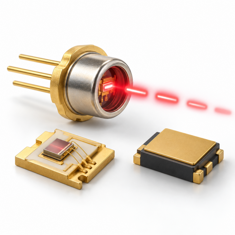 Pulsed laser diode in TO-can emitting red pulses, a chip on submount and an SMD package
