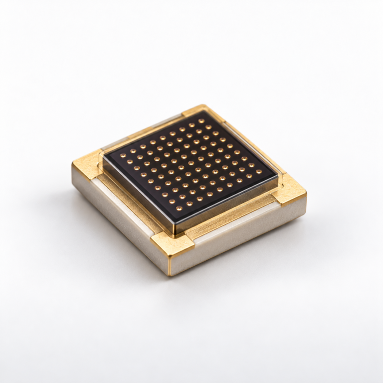 VCSEL array chip with emitter matrix in a gold-plated ceramic package