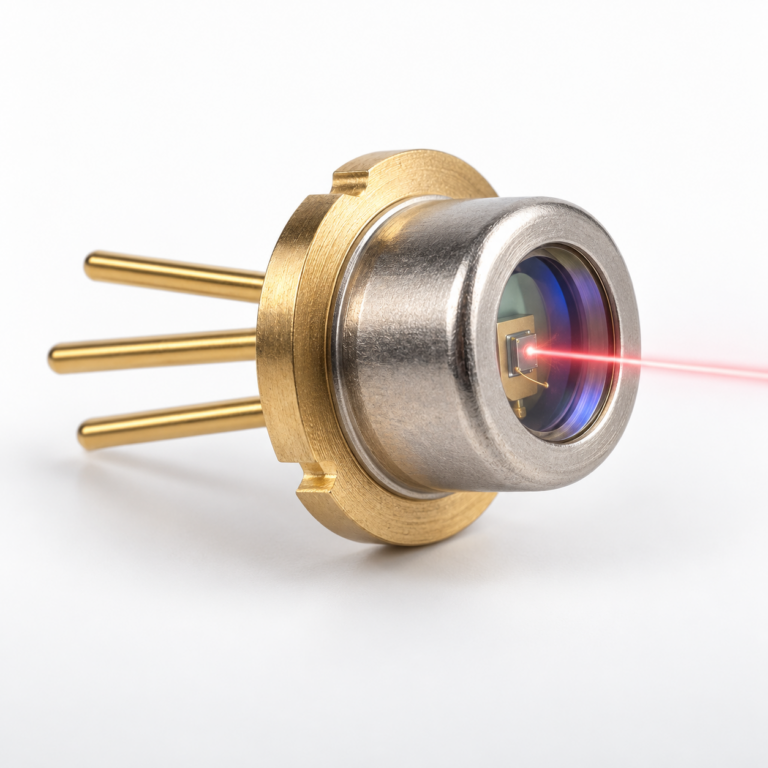 TO-can laser diode emitting a red laser beam through its window